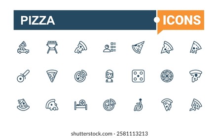 Pizza minimal icon set. Includes icons for graphic, eat, pepperoni, restaurant, burger, menu. Thin outline icons pack. Editable vector outline and solid icons.