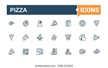 Pizza minimal icon set. Includes icons for graphic, eat, pepperoni, restaurant, burger, menu. Thin outline icons pack. Editable vector outline and solid icons.