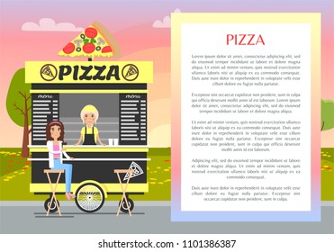 Pizza mobile stand in cute summer park banner cheerful ladies drinking coffee, menu text of various tasty snacks bright evening sky with fluffy clouds