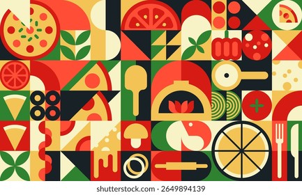 Pizza modern geometric pattern with pizza slices, ingredients and cooking utensils. Modern abstract vector background with bold colors, cheese, tomato, olives, mushrooms, basil leaves and oven shapes
