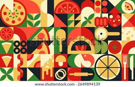 Pizza modern geometric pattern with pizza slices, ingredients and cooking utensils. Modern abstract vector background with bold colors, cheese, tomato, olives, mushrooms, basil leaves and oven shapes