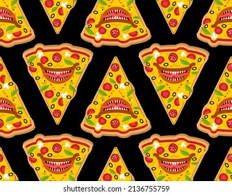 Pizza monster pattern seamless. Terrible fast food background. Angry food texture. Vector ornament
