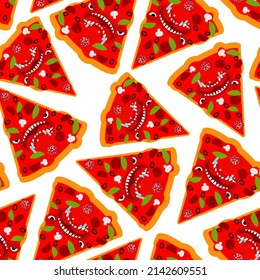 Pizza monster pattern seamless. Terrible fast food background. Angry food texture. Vector ornament