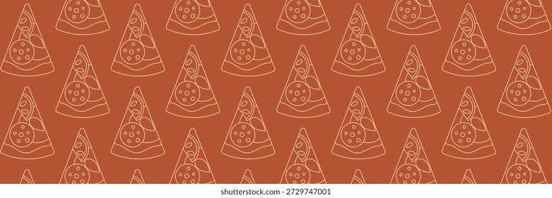 Pizza mosaic seamless pattern, flat line design, pizza ingredients and slices, abstract geometric design of Italian pizzeria