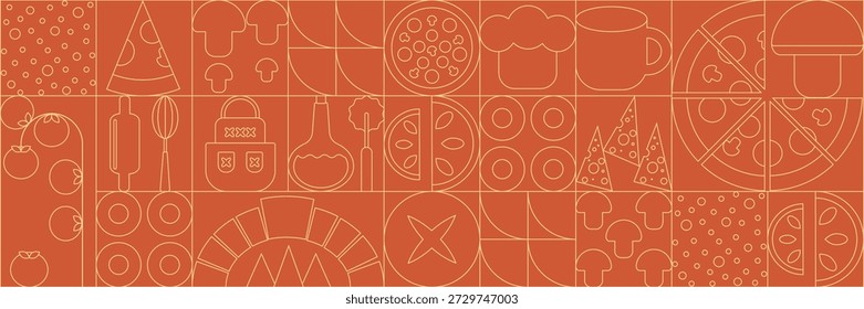 Pizza mosaic seamless pattern, flat line design, pizza ingredients and slices, abstract geometric design of Italian pizzeria