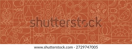 Pizza mosaic seamless pattern, flat line design, pizza ingredients and slices, abstract geometric design of Italian pizzeria