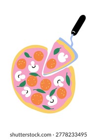 Pizza with mushroom, basil, and pepperoni, one triangle lifted by a spatula in bold hand-drawn style. Symbol of comfort food, takeaway, shareable meal, and appetite appeal. Cartoon vector illustration.