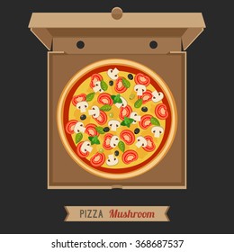 Pizza with Mushroom in the opened cardboard box. Vector flat vegetarian pizza.