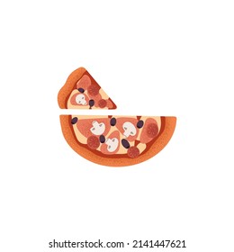Pizza with mushroom, tomato, cheese and olives. Italian food with champignon, mozzarella and cut triangle piece, top view. Tasty snack. Flat vector illustration isolated on white background.