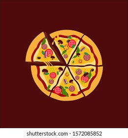 Pizza with mushrooms bacon olives cut into pieces