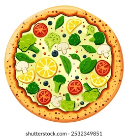 Pizza with mushrooms, broccoli, spinach, lemon, tomatoes and herbs, top view. Vector illustration.