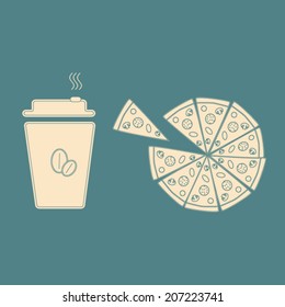pizza with mushrooms and coffee icon flat design for web