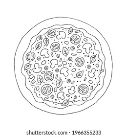 Pizza with mushrooms. Food, snack, baked goods. Vector. Doodle. Hand-drawn illustration. Silhouette. Black and white outline. Coloring.