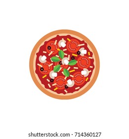 Pizza with mushrooms, olives and basil. Vector illustration.
