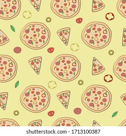 Pizza with mushrooms, olives, salami, tomatoes, pepper. Pizza slices, round pizza on a yellow background seamless pattern. Vector image. For web, print, fabric, design,