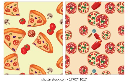 Pizza with mushrooms, olives, salami, tomatoes, pepper. Pizza slices, round pizza on a yellow background seamless pattern. Vector image. For web, print, fabric, design.