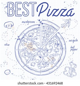 Pizza with mushrooms on a notebook page