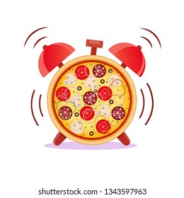 Pizza with mushrooms, salami, tomato and sausage. Pizza time. Snack time. Isolated vector illustration on white background.