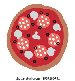 Pizza with mushrooms, sausage and olives hand-drawn in the style of doodle. Vector food, pizza