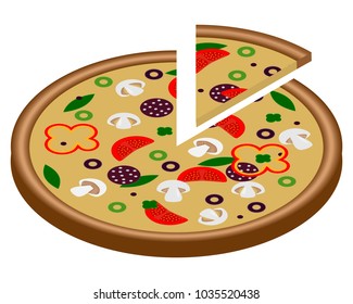 Pizza with mushrooms, sausage, salami, tomatoes and greens