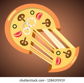 Pizza with mushrooms. Stretchable cheese. Sample vector image for menu, advertisement