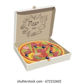 Pizza with mushrooms, tomato and olives in a box