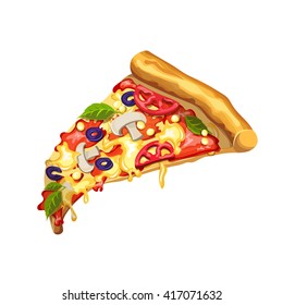 Pizza with mushrooms, tomato paste, cheese, tomato, corn, cheese and olives. Slice of pizza on a white background. Vector drawing