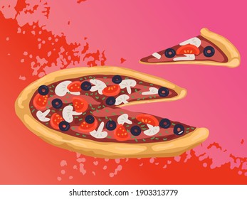 Pizza with mushrooms, tomatoes and olives. Sliced pizza with pizza slice. Bright cartoon illustration for advertisements of a pizza delivery cafe. Spicy food.