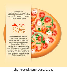 Pizza with mushrooms, tomatoes, paprika. Pizza delivery. Poster with space for text. Realistic image.