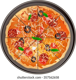 Pizza with mushrooms, tomatoes, sausage and cheese. Melted cheese. Hot piece. Hot fried pizza.