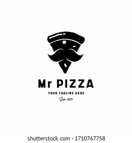 Pizza with Mustache for Mr Pizzaria logo design concept vector inspiration