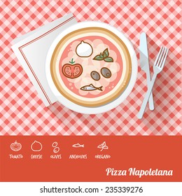 Pizza napoletana on a dish with icon ingredients and recipe name at bottom
