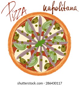 Pizza napolitana image on white background with handwritten caption. Vector illustration  eps 10