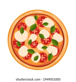 Pizza al estilo napolitano en un estilo de caricatura. Pizza caliente vectorial con tomates y maozzarella. Aislado sobre un fondo blanco. Cocina tradicional italiana
