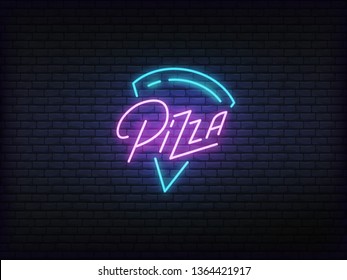 Pizza neon glowing sign. Bright vector label of pizza slice and lettering.