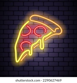 Pizza neon icon on dark brick background. Editable stroke and blend. Vector illustration.