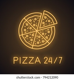 Pizza neon light icon. Open 24 hours a day. Pizzeria open around the clock glowing sign. Vector isolated illustration