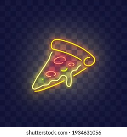 Pizza neon sign, bright signboard, light banner. Slice of pizza neon, emblem. Vector illustration