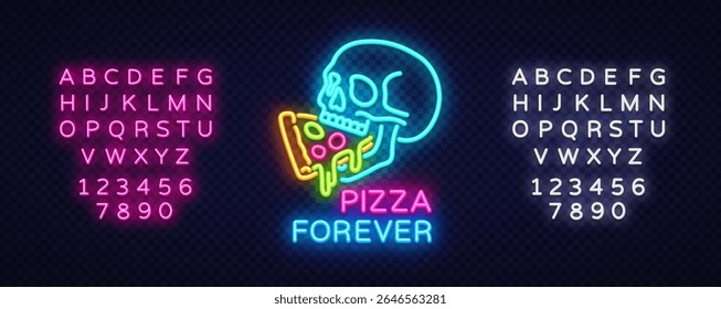 Símbolo de néon de pizza, alfabeto brilhante definido. Ilustração vetorial com pizza devoradora de crânio, texto PIZZA PARA SEMPRE, e fonte e números completos de néon no fundo transparente escuro