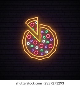 Pizza neon sign. Glowing sliced pizza on brick wall background. Bright vector icon for pizza, cafe, restaurant, fast food.