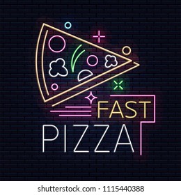 Pizza . Neon sign, luminous logo, symbol, light banner. Advertising bright night karaoke bar, party, disco bar, night club. Live music. Design template Billboard