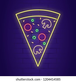 Pizza neon sign on brick wall background. Light banner. Vector illustration
