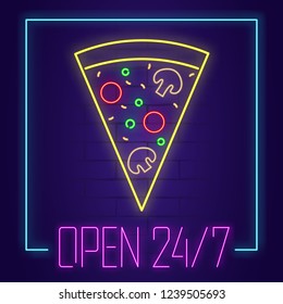 Pizza neon sign with text OPEN 24/7 on brick wall background. Light banner. Vector illustration
