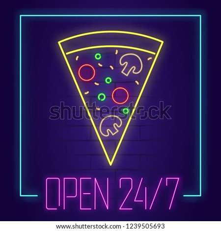 Pizza neon sign with text OPEN 24/7 on brick wall background. Light banner. Vector illustration

