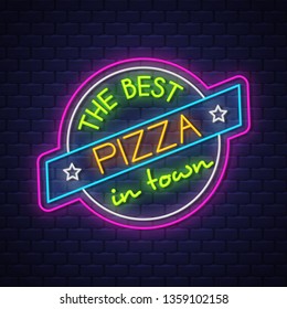 Pizza - Neon Sign Vector. Pizza neon sign on brick wall background, design element, light banner, announcement neon signboard, night advensing. Vector Illustration