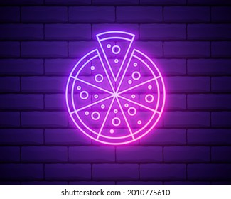 Pizza - Neon Sign Vector. Pizza - neon sign on brick wall background, design element, light banner, announcement neon signboard, night advensing. Vector Illustration.