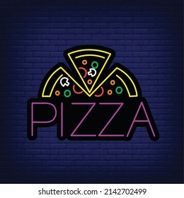 Pizza - Neon Sign Vector. Pizza - neon sign on brick wall background, design element, light banner, announcement neon signboard, night advensing. Vector Illustratio