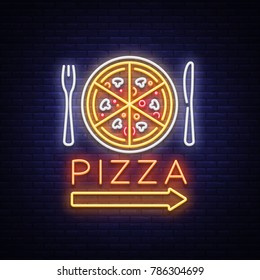 Pizza neon sign vector. Pizzeria neon logo, emblem. Neon advertising on the topic of pizza cafe, restaurant, dining room, snack bar, bar. Bright night billboard, shining banner. Vector illustration