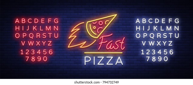 Pizza neon sign vector. Pizzeria neon logo, emblem. Neon advertising on the topic of pizza cafe, restaurant, dining room, snack bar, bar. Shining banner. Vector illustration. Editing text neon sign