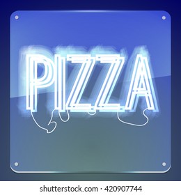 Pizza. Neon signboard. Glowing text on background.